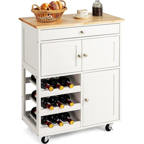 COSTWAY Carrello da Cucina, con Portabottiglie Tre Ante e Ruote, Credenza Cucina in Legno di Pino e MDF, Ideale per Soggiorno e Cucina, 67 x 37 x 86 cm, Bianco (1/5)
