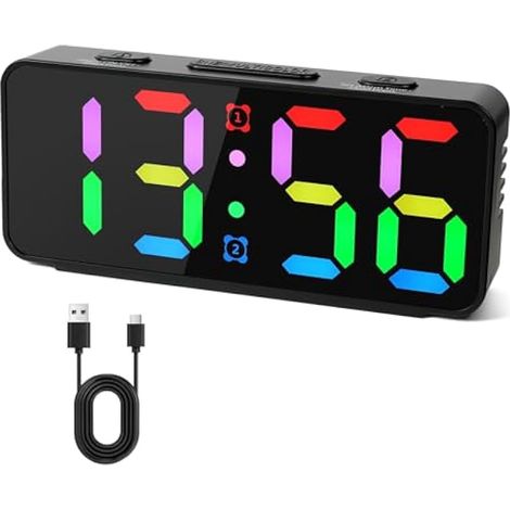 Réveil numérique, 15 couleurs RVB avec répétition, grand écran LED, volume réglable (5 niveaux) et luminosité (3 niveaux), rechargeable USB, format 12/24H pour chambre, bureau, cuisine. (1/5)