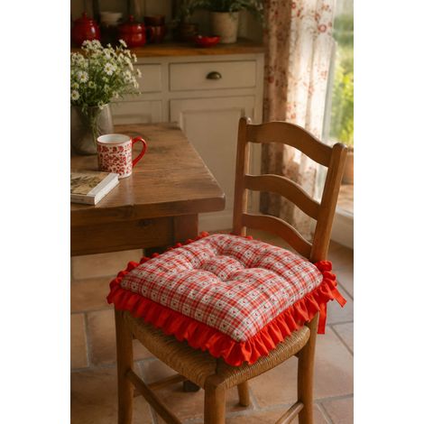 Galette de chaise 40 x 40 cm en coton à carreaux avec volant uni – Épaisse et moelleuse - 40x40cm - Rouge (1/2)