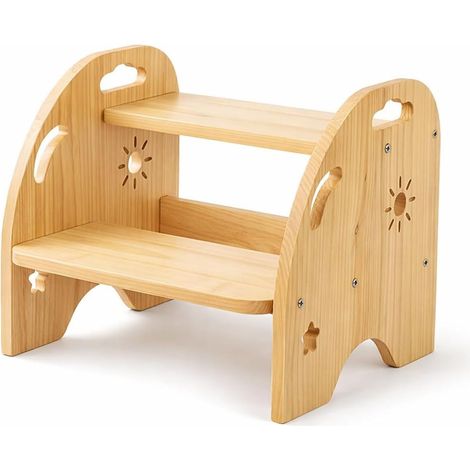 Marchepied en bois pour enfant - 2 marches - Stable et antidérapant - Avec poignée - Charge maximale : 200 kg - Pour salle de bain et cuisine - Repose-pieds en bois sûr pour enfants - Tour (1/5)