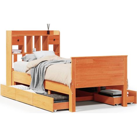 Lit simple  Lit adulte  Lit bibliothèque sans matelas cire marron 75x190 cm pin massif