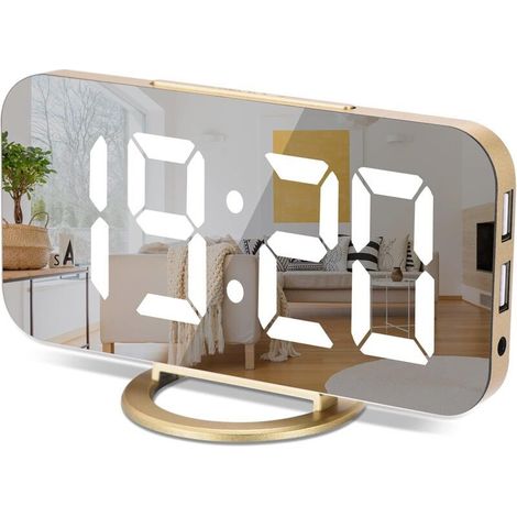 Horloge numérique à grand écran, électrique LED,Surface miroir pour maquillage avec mode d'intensité,3 niveaux de luminosité,Double ports USB,Décoration moderne pour la maison ou la chambre-Doré (1/2)