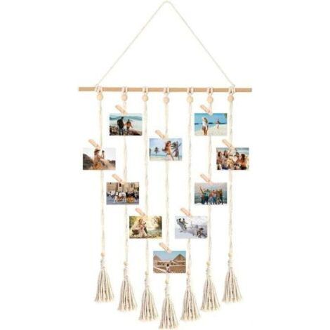 VURAHOME - Cadre Pele Mele Photo Mural, XU,Accroche Photo en Macramé,Porte Photo Bohème,Tableau Photo avec 30 Clips en Bois,Cadre Photo Suspendu Corde - (1/4)
