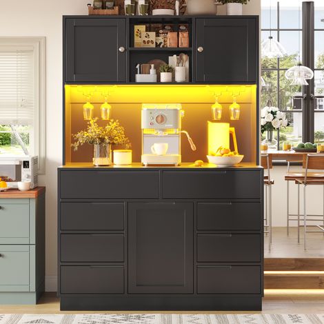 Meuble haut colonne 120x40x183.5 cm, avec 8 tiroirs, éclairage LED, fermeture magnétique, étagères réglables, panneaux de bois, noir (1/5)