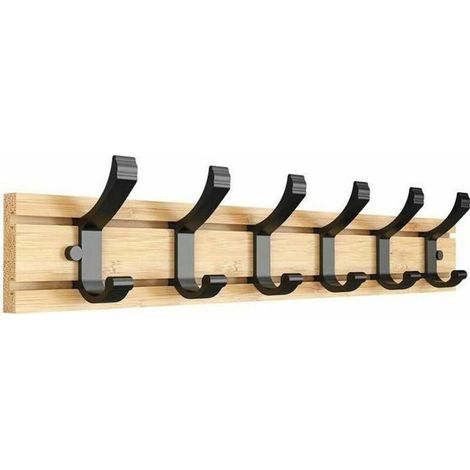 Wall-mounted coat rack with 6 hooks and hat shelf made of bamboo (1/4)