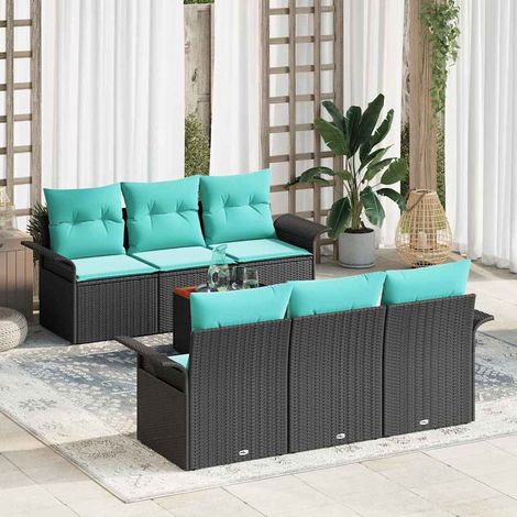 vidaXL Ensemble de canapé de jardin 7 pcs Noir et turquoise polyrotin (1/5)