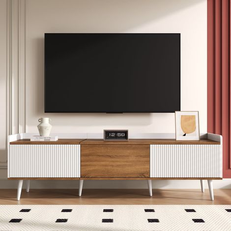 Meuble tv 160 cm blanc et bois naturel à 3 portes au design compact et moderne (1/5)