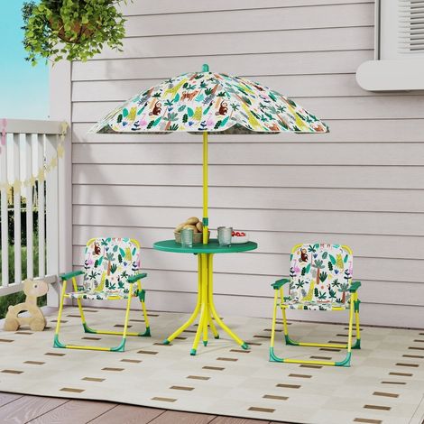 Table et chaises enfant ensemble 4 pièces, mobilier jardin enfants avec parasol démontable, table extérieur vert + 2 chaises pliantes