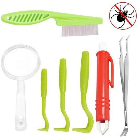 Ensemble de 7 Outils Anti-tiques pour Chien Chat - Crochet Anti-tiques Pince à Tiques Brosse Anti-puces Loupe (1/4)