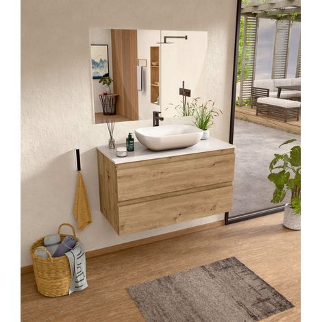 BELLOBATH- Meuble de Salle de Bain avec Plan Vasque en Céramique et Miroir, Meuble Monté et 2 Tiroirs, 100 x 55 x 46 cm, Meuble en Chêne et Plan Blanc (1/5)