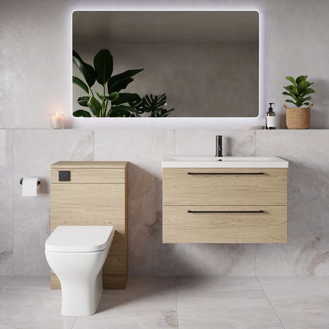 Napoli 390 Light Oak 1300mm Wall Mounted 2 Drawer Vanity Unit and Toilet Suite with Glide Basin - 1300mm - Matt Black 480mm HandleWith Kingston Toilet Pan and Seat