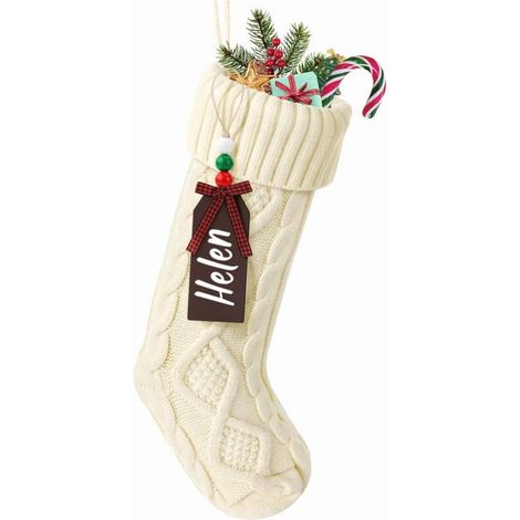 Chaussette De Noël - Tricotée En Acrylique - Motifs De Noël Brodés - Avec Étiquette Personnalisable - 45 cm - Pour Décoration De Cheminée Ou Murale (1/3)