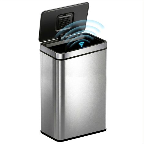 Poubelle automatique 60 L en acier inoxydable, finition argentée, ouverture à capteur et fermeture silencieuse (1/5)