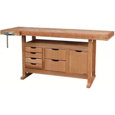Outifrance – Établi bois de menuisier 1,75 m – Caisson avec 4 tiroirs – Presse intégrée pour maintien pièces – Plateau bois multiplis 27 mm
