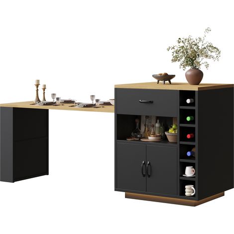 Îlot de cuisine / meuble de cuisine / buffet / meuble de bar avec bande lumineuse LED, chariot de service fixe, avec table extensible, 2 tiroirs, 4 portes, noir/blanc