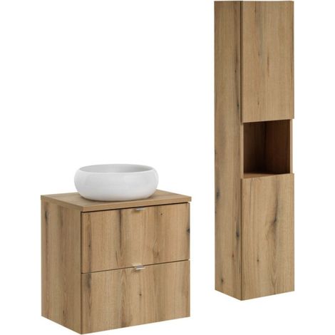 Eiche-Look VANO Set 90cm: Unterschrank mit Schubladen + Waschtischplatte + runde weiße Aufsatzwaschbecken + Hochschrank