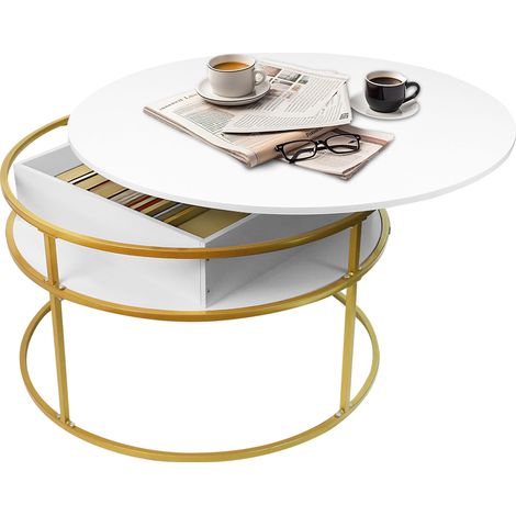 Haloyo® Tavolino rotondo con piano sollevabile, grande tavolino rotondo in legno massello, tavolino rotondo a 2 ripiani, tavolino in legno per soggiorno, per salotto, ufficio, 80x80x47 cm - Bianco (1/5)