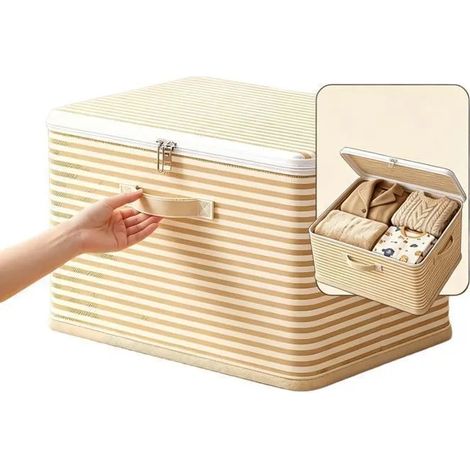 Boîte de rangement en tissu pliable pour armoire, fermeture éclair, beige rayé, rangement vêtements linges jouets (1/5)
