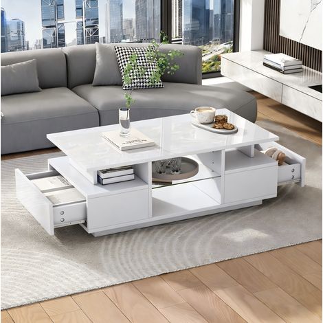 Mesa de centro LED 100 x 50 x 36 cm con 2 cajones, blanca DESVIAE (1/5)