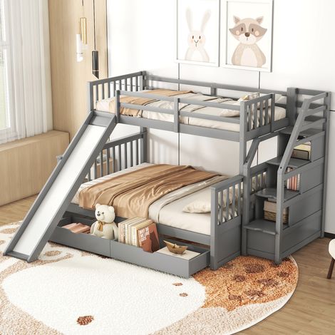 Litera 90×200 cm y 140×200 cm, Cama 3 Plazas con Almacenamiento, Cajones y Tobogán, sin Colchón, Gris (1/5)