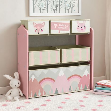 Meuble de rangement enfant rose avec 6 bacs en tissu amovibles (1/5)