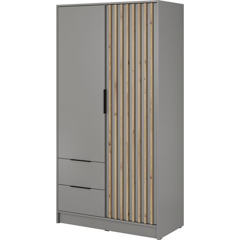 Kleiderschrank 100 cm Fioro - Schrank vom Hersteller, Schlafzimmerschrank - Drehtürenschrank mit Lamellen, 2 Tür (Grau)