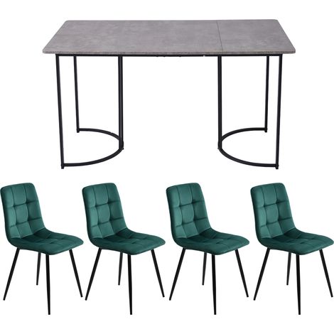 Ensemble table et chaises, 5 pièces, 1 table + 4 chaises, métal et velours, vert foncé (1/5)