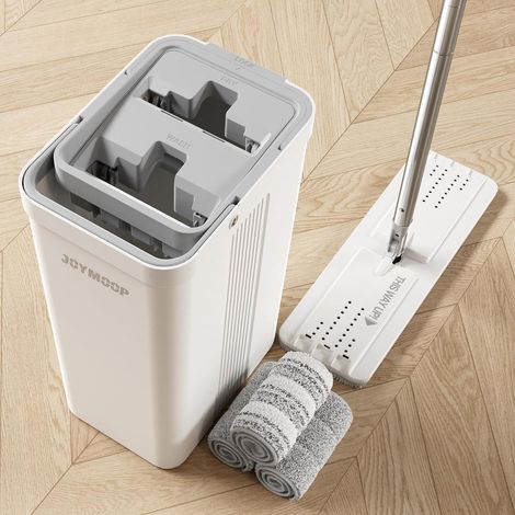 Balai Plat et Seau Essoreur JOYMOop 3 Serpillères Microfaser Nettoyage Sol Mur 66-125cm (1/5)