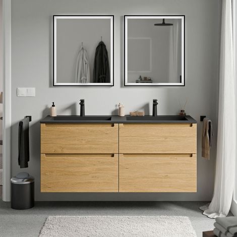 BERNSTEIN - Mueble lavabo doble suspendido MDF Roble Miel, lavabos fundición Negro Mate + orificios grifería, cajone giratorio 120x46x62cm VIREO Roble Miel Oro, Negro mate con orificio para grifo.
