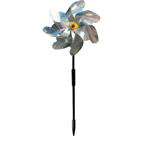 Lot de 8 moulins à vent réfléchissants de 37 cm avec piquets de jardin, effrayant les oiseaux, pour la décoration du jardin, de la pelouse et de la ferme (argenté) (1/5)