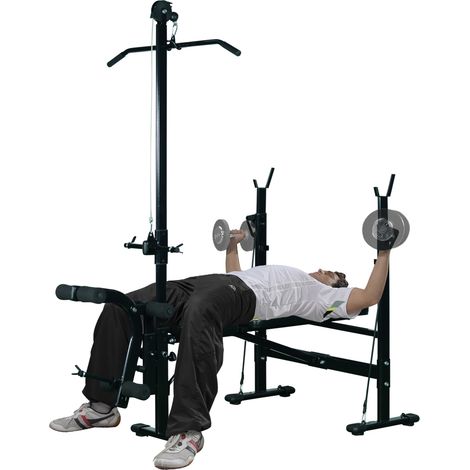 Multifunktionale Fitnessbank mit 3-fach verstellbarer Rückenlehne, Beinauflage und oberer Stange, 175 x 110 x 202 cm, Schwarz
