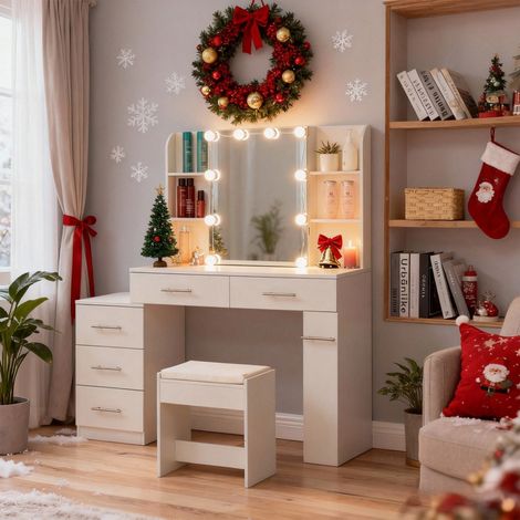 Coiffeuse table de toilette avec miroir tiroir éclairage LED blanc miroir pivotant rangement beauté 100x40,5x136cm (1/5)
