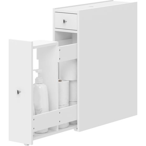 Meuble de salle de bain étroit, armoire de salle de bain sur pied avec 2 tiroirs et étagère ouverte, 16x48x58cm, blanc, pour petit espace, gain de place (1/5)