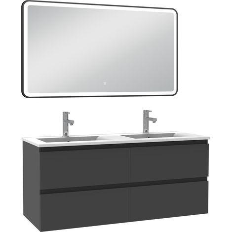 Acezanble Meuble Salle de Bain 120cm Anthracite double vasque + miroir lumineux 3 couleurs + dimmable