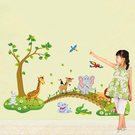 Décor mural adhésif animaux jungle arbre lion girafe éléphant chambre enfant bébé salon stickers muraux autocollants décoration murale (1/5)