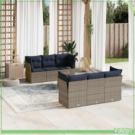 Salon de jardin 7 pièces - Modèle 7291712421822 - Résine tressée gris - Coussins déhoussables bleu marine - Table acacia (1/5)