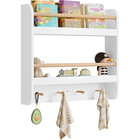 WOLTU Libreria Infantil para Niños Estanteria Infantil de Pared Libreria Montessori de 2 Niveles con 4 Ganchos para Habitación de Niños y Guardería 60x12x55 cm Blanco+Roble Claro