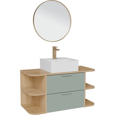 Mobile bagno sospeso con nicchie, lavabo da appoggio quadrato, rubinetto e specchio Verde acqua e naturale chiaro L100 cm – AVORELI (1/5)