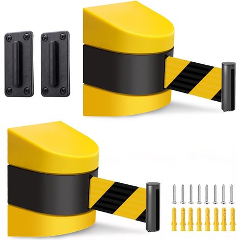 Lot de 2 rubans de délimitation rétractables de 5 m, en plastique ABS, chaîne de délimitation, montage mural, jaune et noir, convient pour les écoles, les bâtiments de bureau, les barrières de (1/5)