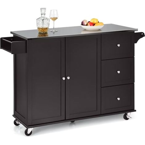 Goplus – Desserte de cuisine 135 x 45,5 x 91,5 cm – Placard à roulettes avec support à épices – Plateau en acier inoxydable – 5 roulettes pivotantes