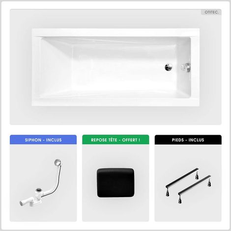 Baignoire rectangulaire - 130 x 70 cm - sans Habillage - avec Pieds - Repose-tête - Vidage Chrome - MODERN (1/5)