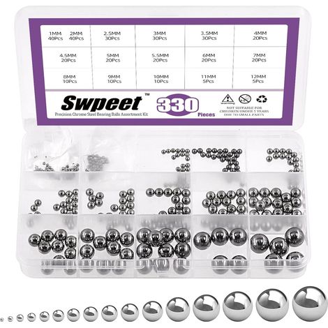 Set of 330 precision steel ball bearings for bicycles - 1 mm, 2 mm, 2.5 mm, 3 mm, 3.5 mm, 4.5 mm, 5.5 mm, 6 mm, 7 mm, 8 mm, 9 mm, 10 mm, 11 mm, 12 mm (1/5)
