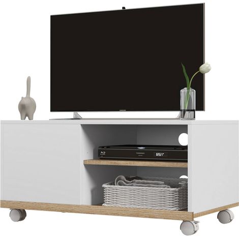 Meuble TV Meuble TV sur roulettes avec 2 Freins - 2 niches + Placard Porte 2 Passe-Fil - en bois Blanc chêne Clair (1/5)