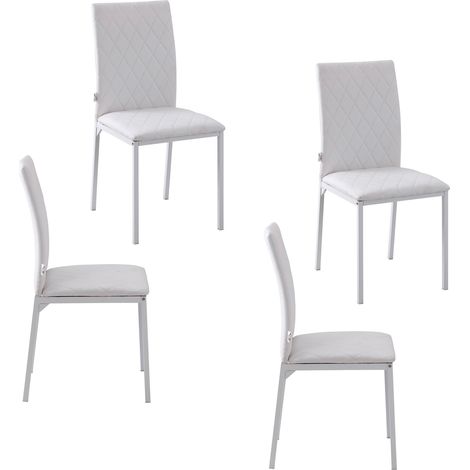 Chaises de salle à manger similicuir blanc, dossier haut, repose-pieds, rembourrées, pieds métal, lot de 4