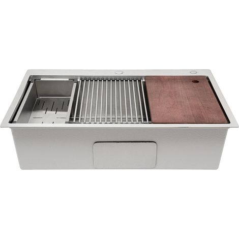 Évier de cuisine, acier inoxydable 304, design multifonctionnel, Argent (1/2)
