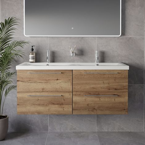 Napoli 390 Tobacco Oak 1200mm Wall Mounted 4 Drawer Vanity Unit with Double Glide Basins - 1200mm - Chrome 320mm Handle
