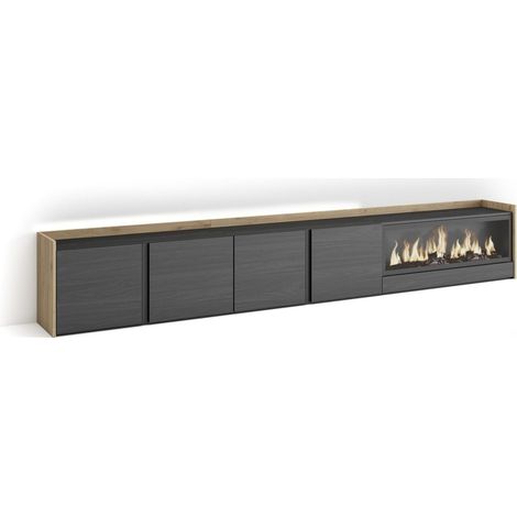 Skraut Home - Mueble TV, Televisión, Muebles de salón, almacenaje, 315x35x50cm, Para TV hasta 80", Chimenea eléctrica XXL, LED, Estilo Moderno, Negro y roble (1/5)