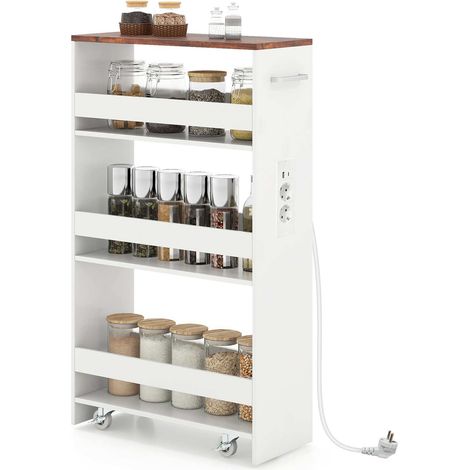 Chariot de rangement fin 20 cm avec station de charge, chariot de cuisine roulant 4 niveaux avec poignée - marron rustique (1/4)