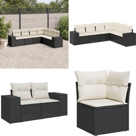 Set de sofás de jardín 6 piezas y cojines ratán sintético negro - Cojines para sofás - Ratán sintético
