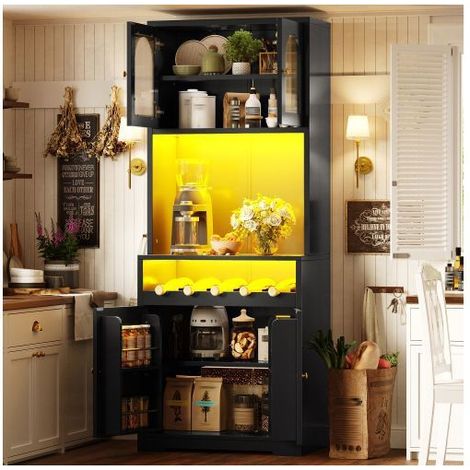 Buffet 70x38.5x180cm LED RGB Contrôle App - Meuble De Rangement - Portes Verre Incurvé, Casier à Vin, Anti-basculement, Noir (1/5)